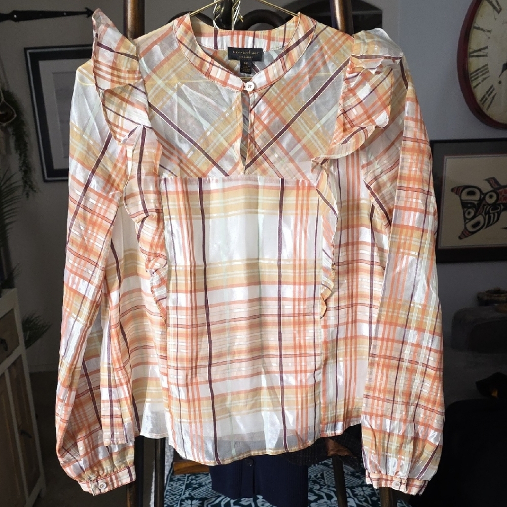 Current Air Orange and White Plaid Blouse